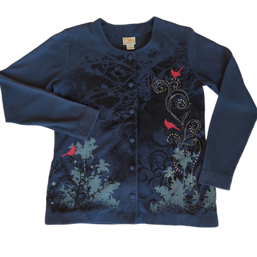 Vintage Artisans Cardinal Embellished Button Up Top SMALL Blue Red Pockets Birds